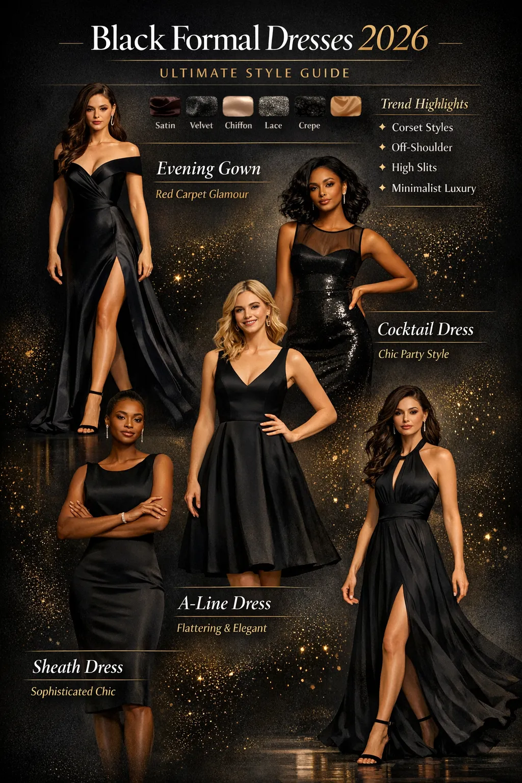 Black formal dresses 2026 featured image showing elegant luxury evening gown styles in black with modern formal fashion trends.