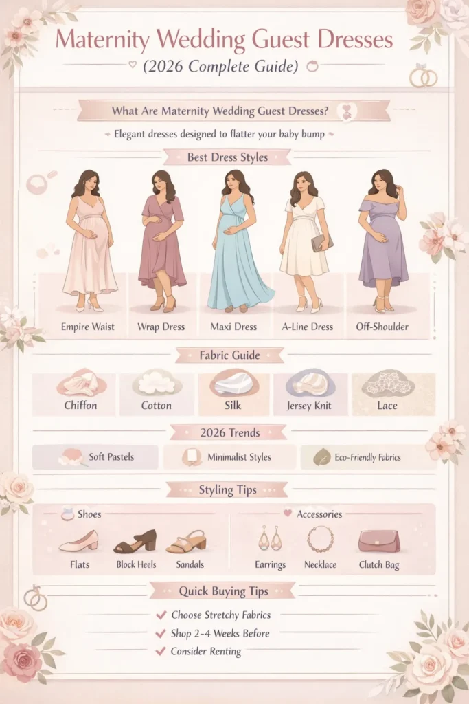Maternity wedding guest dresses infographic showing styles, fabrics, 2026 trends, styling tips, and buying guide for pregnant wedding guests.