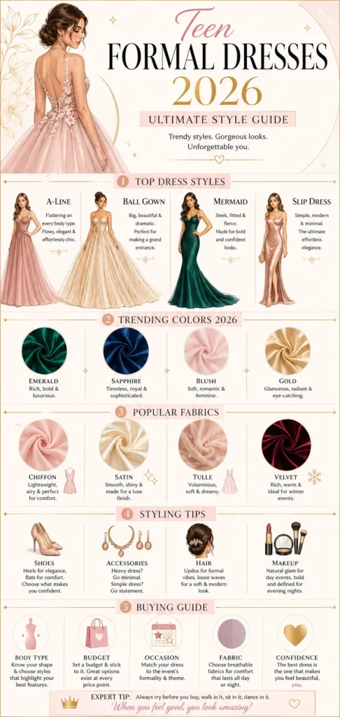Teen formal dresses 2026 infographic featuring popular styles like A-line, ball gown, mermaid, trending colors, fabrics, styling tips, and buying guide for prom and special events.