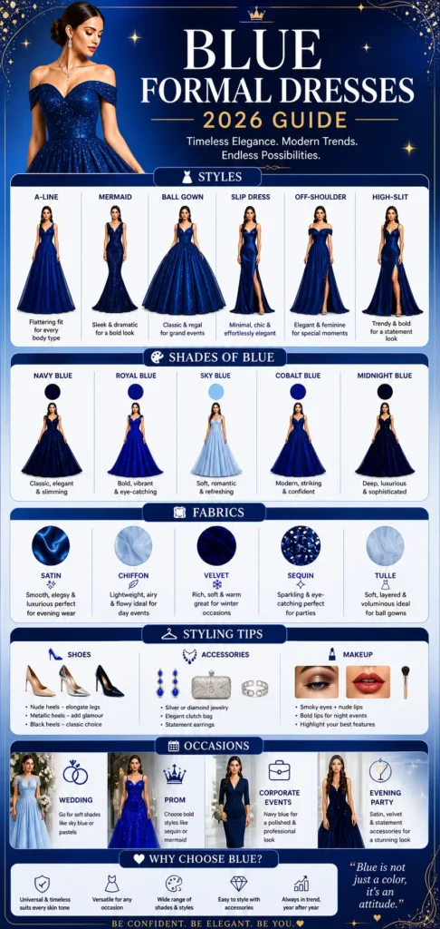 Blue formal dresses 2026 infographic showing styles, shades, fabrics, styling tips, and outfit ideas for weddings, prom, and evening wear.