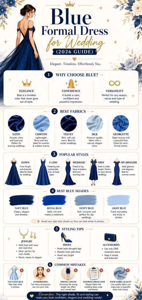 Infographic showing how to choose a blue formal dress for wedding events, including styles, fabrics, shades, and styling tips for 2026.
