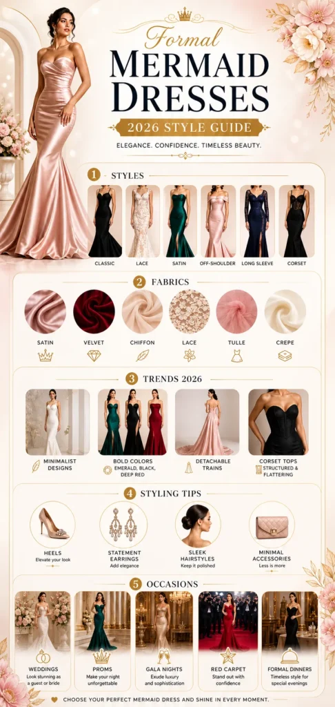Formal mermaid dresses in luxury styles featuring elegant evening gowns with fitted silhouettes, lace, satin, and sequined designs for formal events
