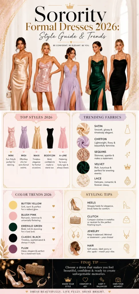 Sorority formal dresses 2026 infographic featuring trendy mini, midi, and maxi dresses, popular fabrics like satin and chiffon, and styling tips for college formal events.