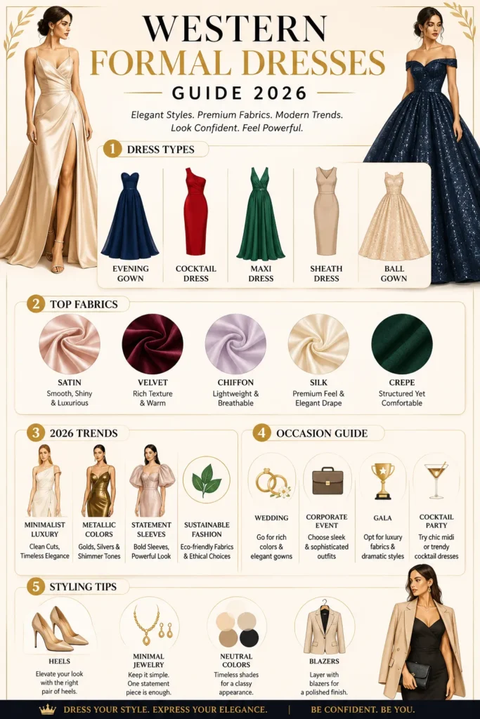 Infographic showing Western formal dresses guide 2026 with dress styles, fabrics, fashion trends, occasion tips, and styling advice for elegant outfits.
